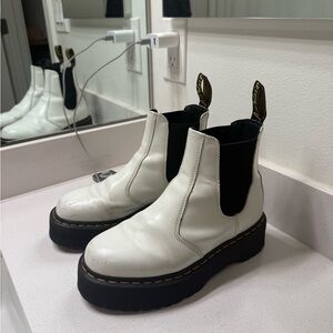 Dr. Martens White Leather Chelsea Platform Boots with Black Elastic
